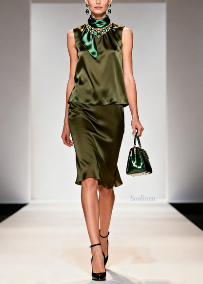 Italian Hign Neck Patchwork False Two Pieces Silk Mid Dress Sleeveless