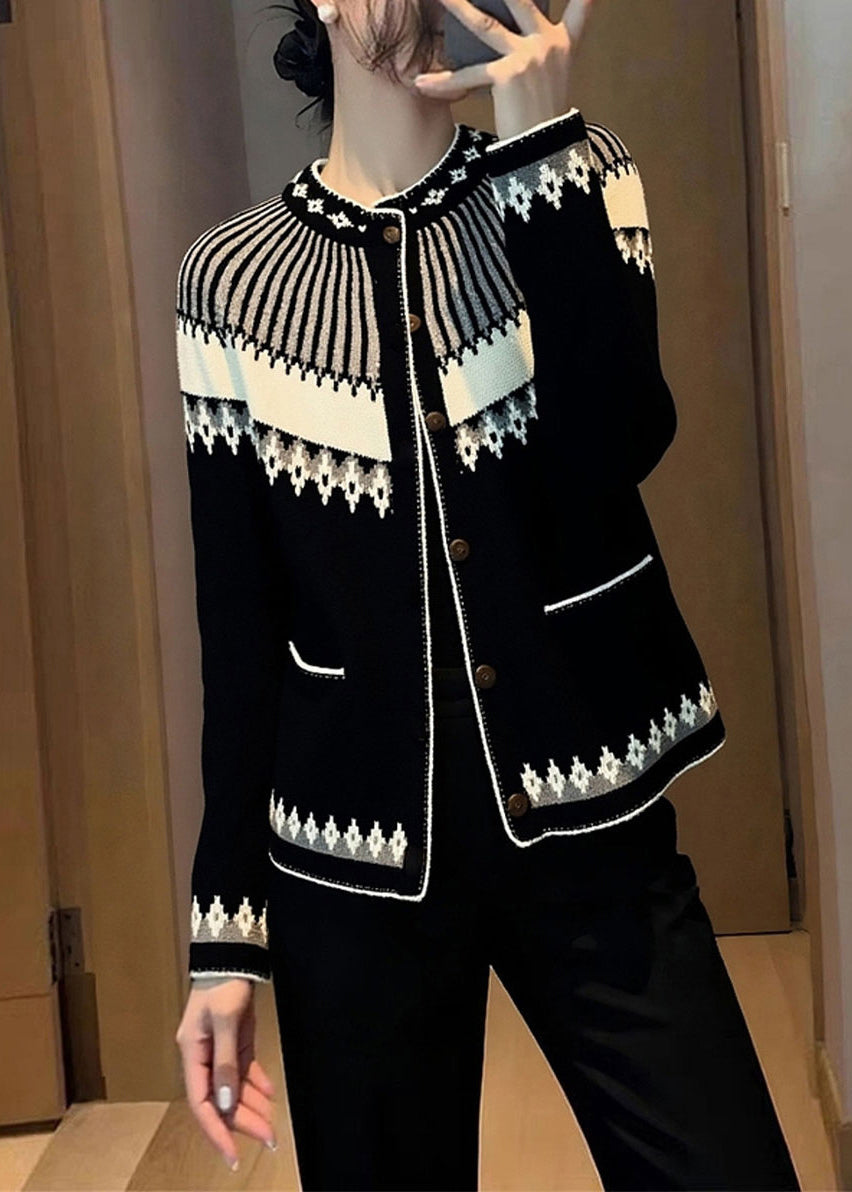 Italienische Jacquard-Cardigans aus Baumwolle mit Stehkragen und Knöpfen, schwarz, Frühling