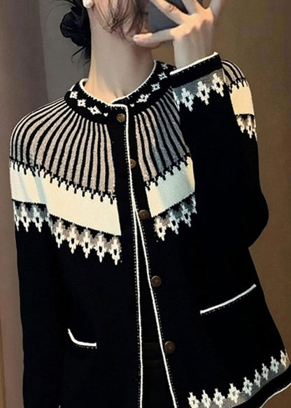 Italienische Jacquard-Cardigans aus Baumwolle mit Stehkragen und Knöpfen, schwarz, Frühling