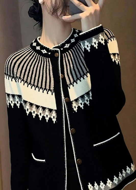 Italienische Jacquard-Cardigans aus Baumwolle mit Stehkragen und Knöpfen, schwarz, Frühling