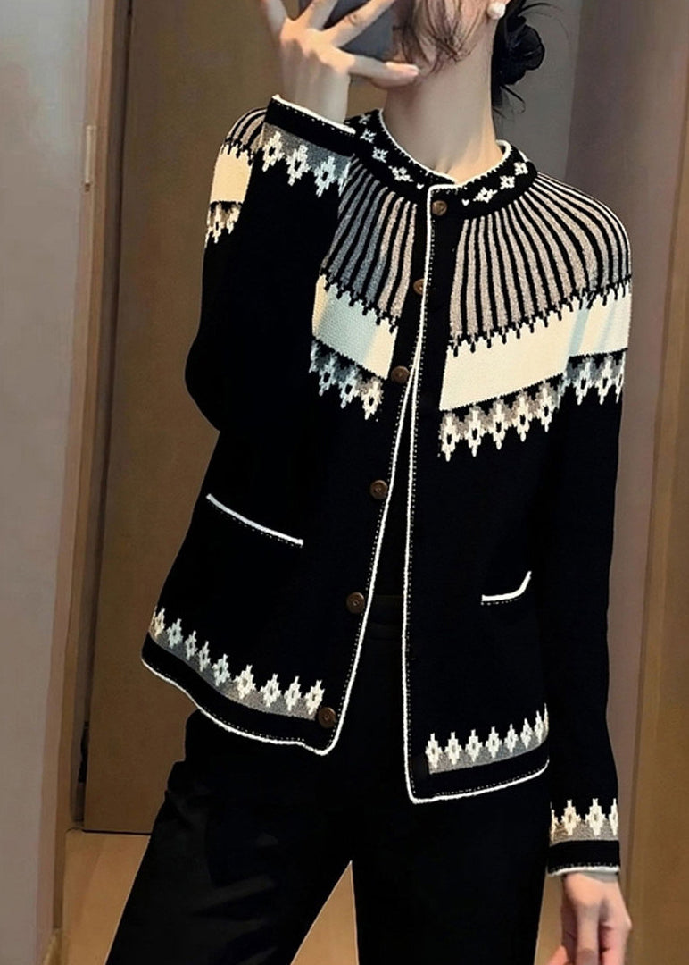 Italienische Jacquard-Cardigans aus Baumwolle mit Stehkragen und Knöpfen, schwarz, Frühling