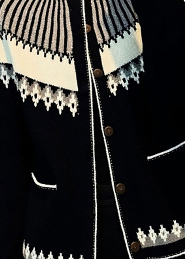 Italienische Jacquard-Cardigans aus Baumwolle mit Stehkragen und Knöpfen, schwarz, Frühling