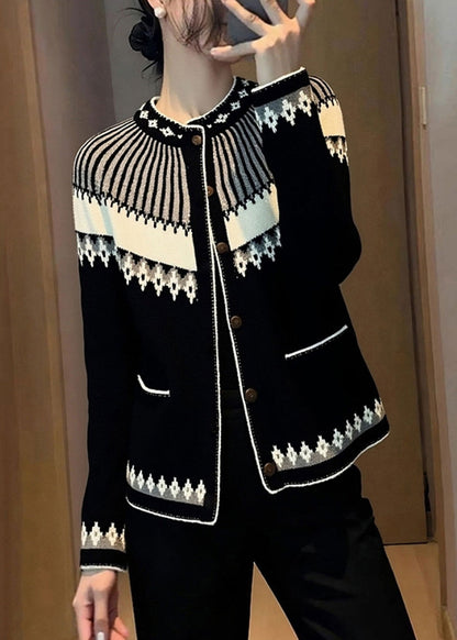 Italienische Jacquard-Cardigans aus Baumwolle mit Stehkragen und Knöpfen, schwarz, Frühling