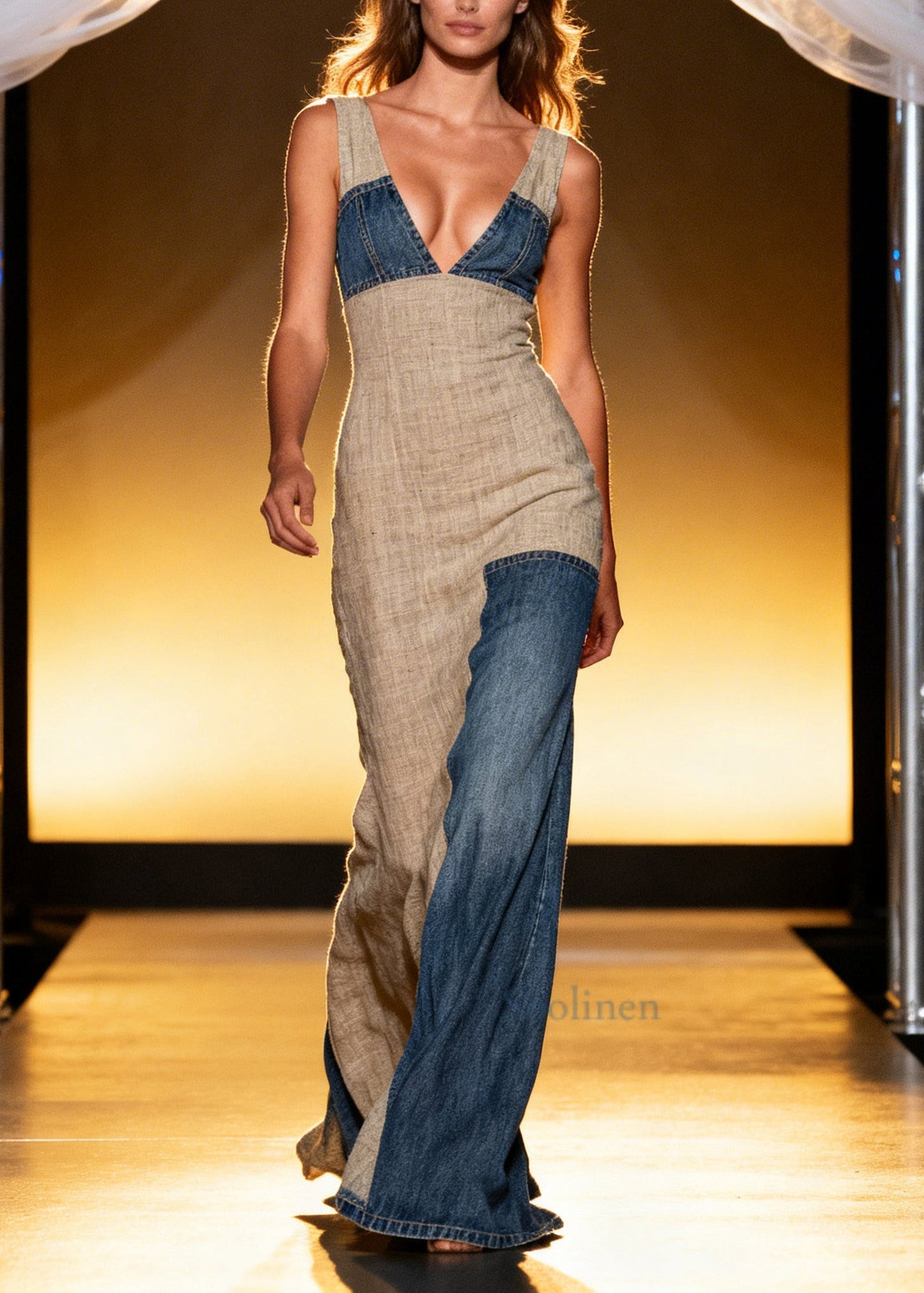 Italian Khaki Asymmetrical Denim Patchwork Linen Long Dress Summer