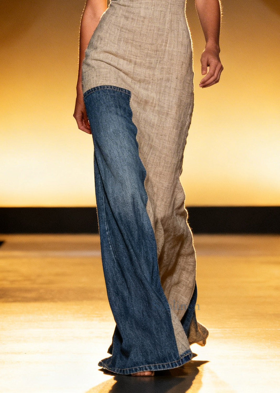 Italian Khaki Asymmetrical Denim Patchwork Linen Long Dress Summer
