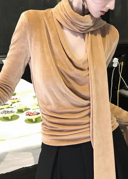 Italienische Khaki-Schleifen-T-Shirts aus einfarbigem Seidenvelours für den Winter