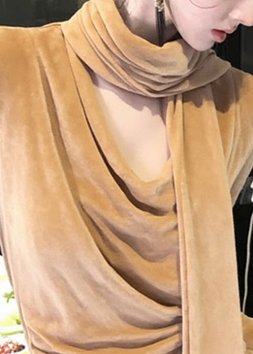 Italienische Khaki-Schleifen-T-Shirts aus einfarbigem Seidenvelours für den Winter