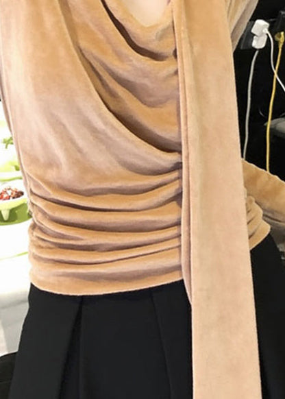 Italienische Khaki-Schleifen-T-Shirts aus einfarbigem Seidenvelours für den Winter