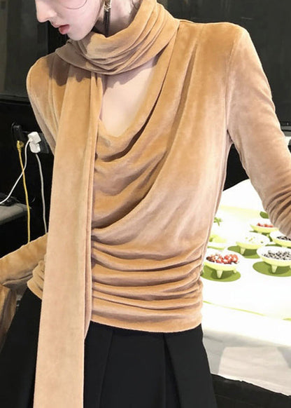 Italienische Khaki-Schleifen-T-Shirts aus einfarbigem Seidenvelours für den Winter