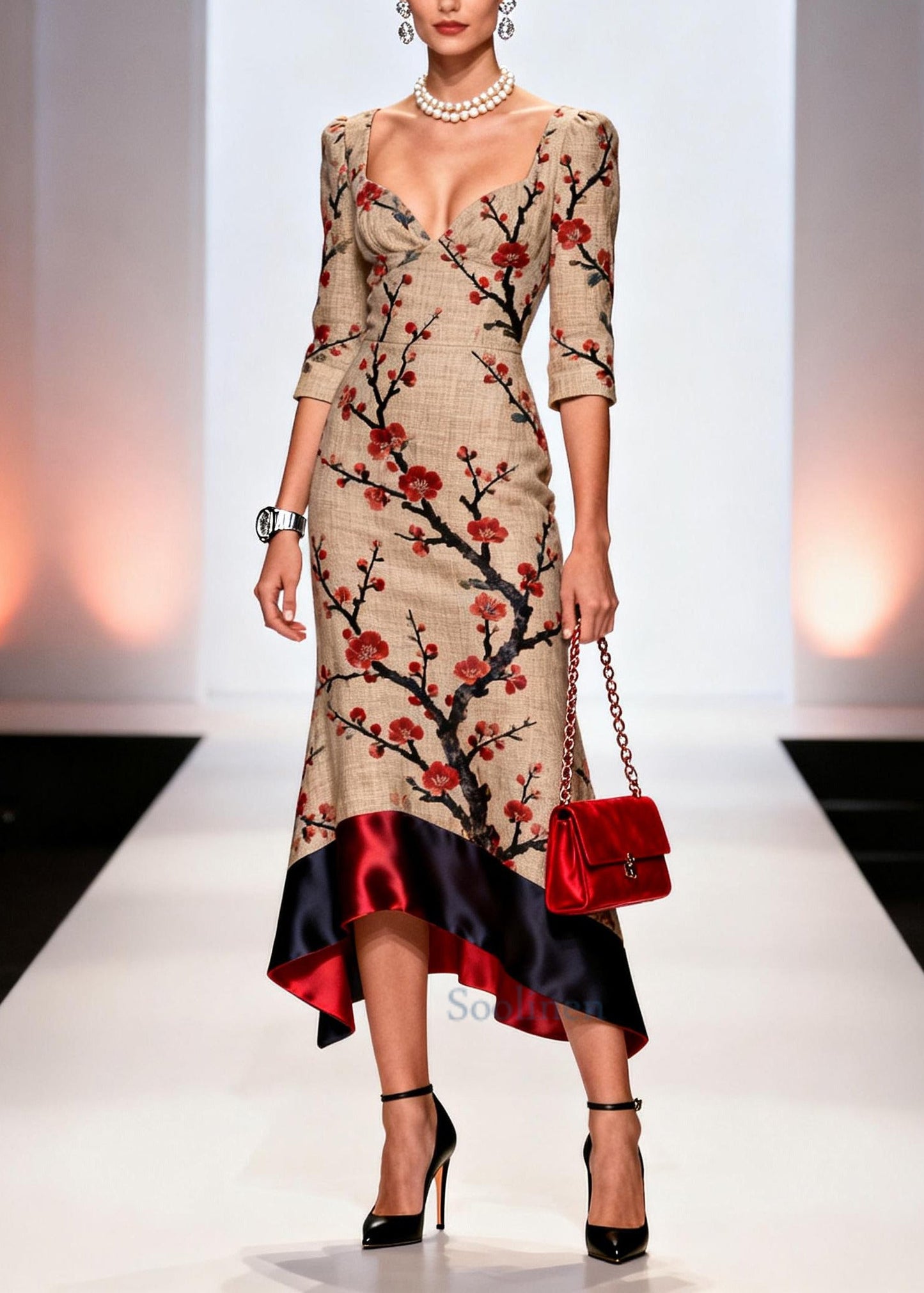 Italian Khaki Bustier Top Patchwork Print Linen Long Dresses Summer
