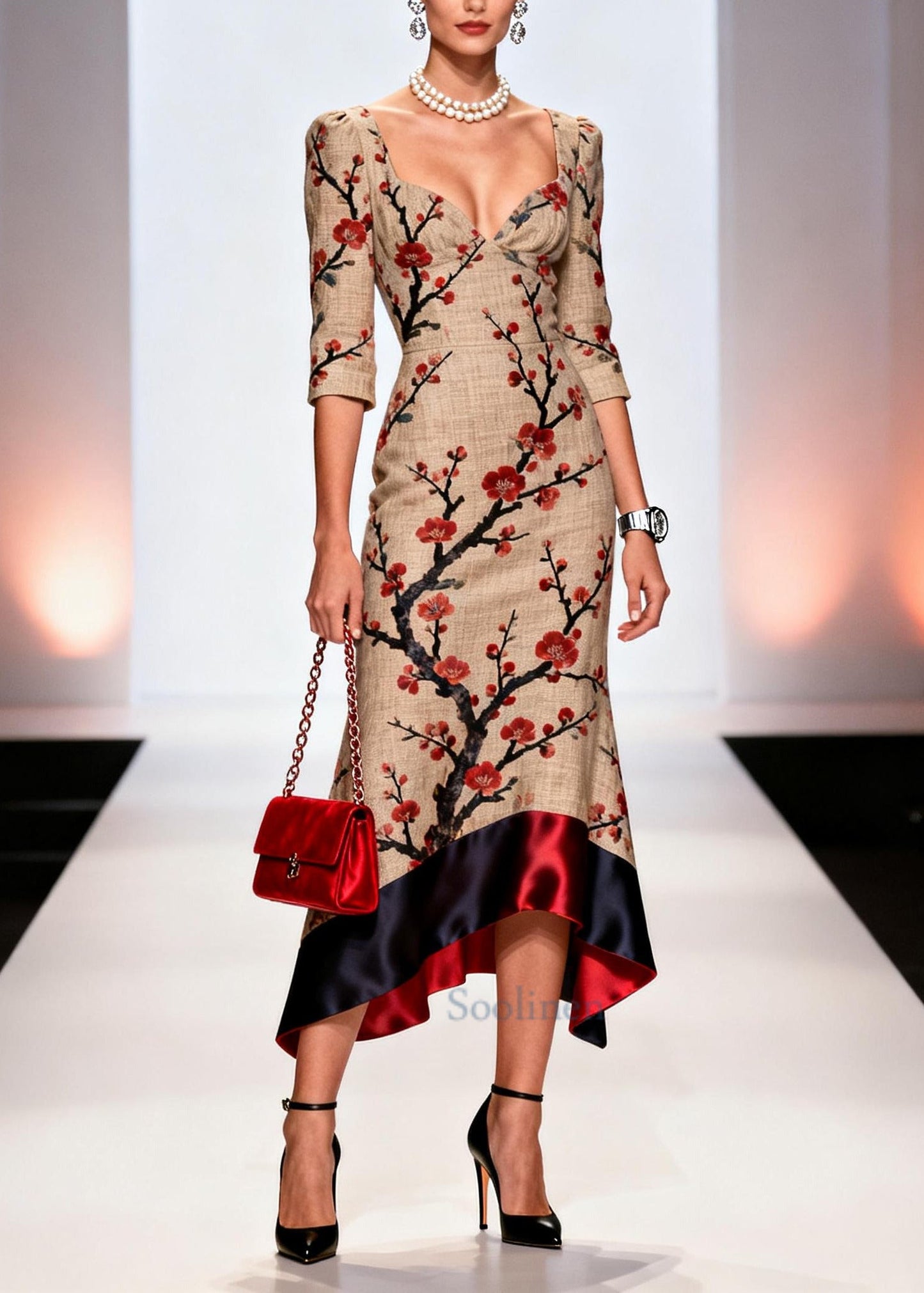 Italian Khaki Bustier Top Patchwork Print Linen Long Dresses Summer