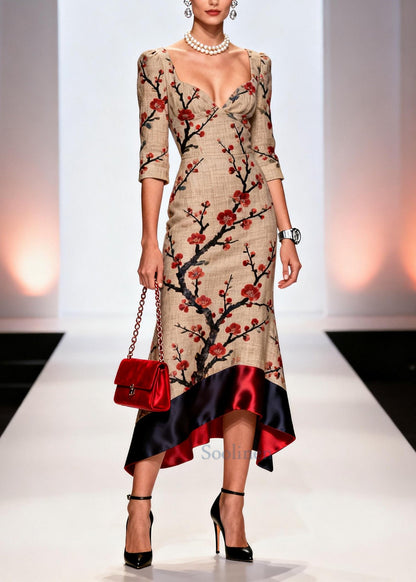 Italian Khaki Bustier Top Patchwork Print Linen Long Dresses Summer