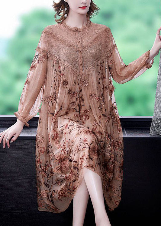 Italienisches Khaki Besticktes Patchwork Spitzenseide Urlaubskleid Frühling