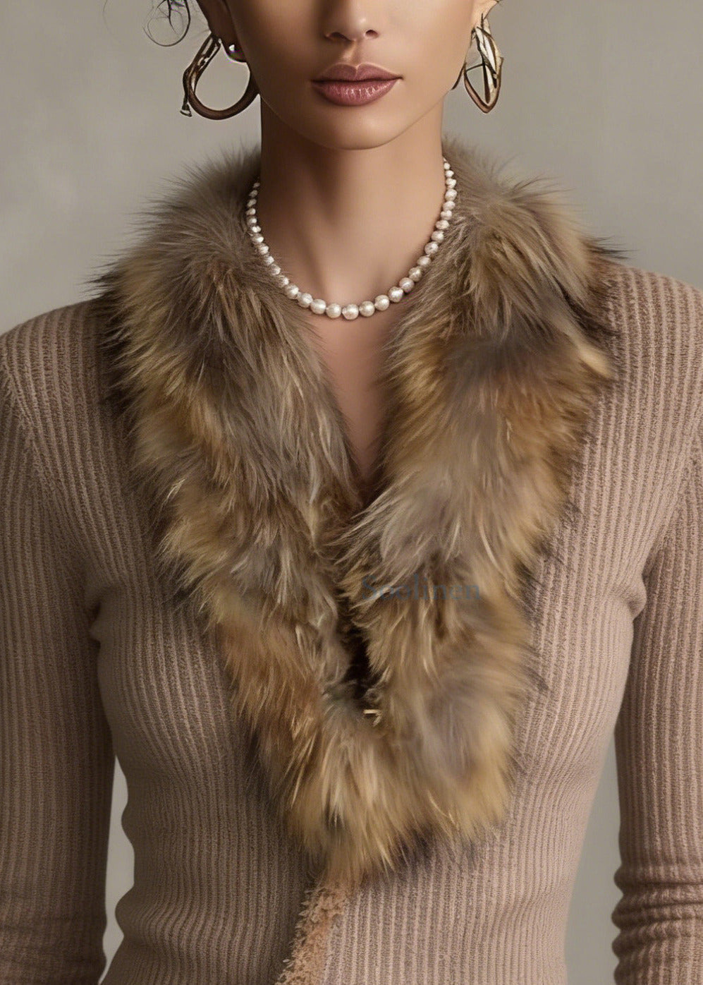 Italian Khaki Faux Fur Collar Patchwork Knit Jackets Winter