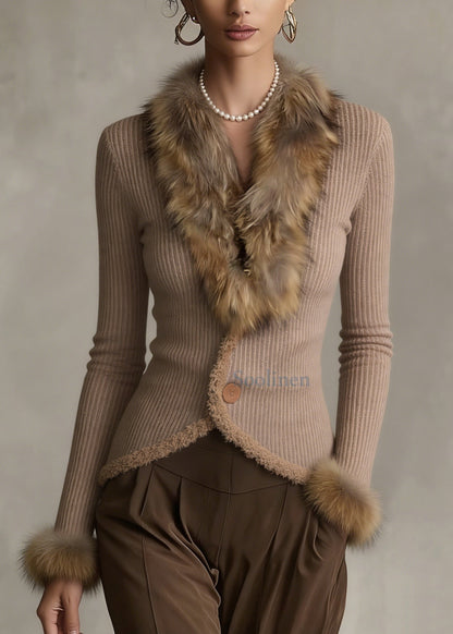 Italian Khaki Faux Fur Collar Patchwork Knit Jackets Winter