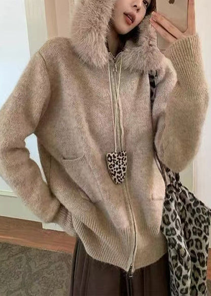 Italian Khaki Hooded Patchwork Faux Fur Knit Coats Winter