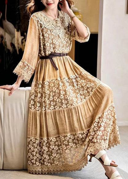Italian Khaki O-Neck Patchwork Lace Vacation Dresses Fall