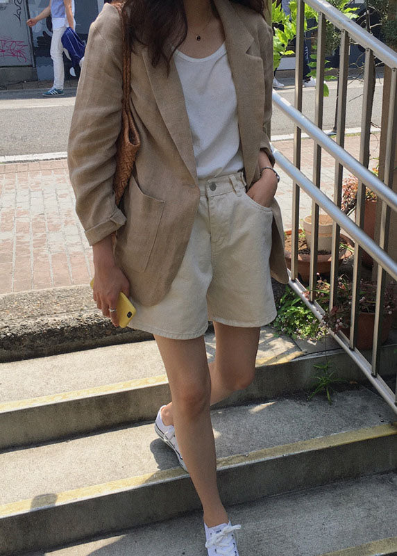 Italienische Khaki Peter Pan Kragen Taschen Leinen Mäntel Frühling