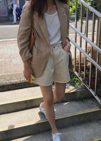 Italienische Khaki Peter Pan Kragen Taschen Leinen Mäntel Frühling