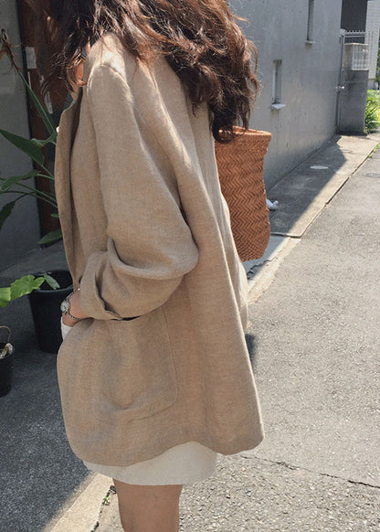 Italienische Khaki Peter Pan Kragen Taschen Leinen Mäntel Frühling