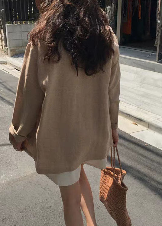 Italienische Khaki Peter Pan Kragen Taschen Leinen Mäntel Frühling