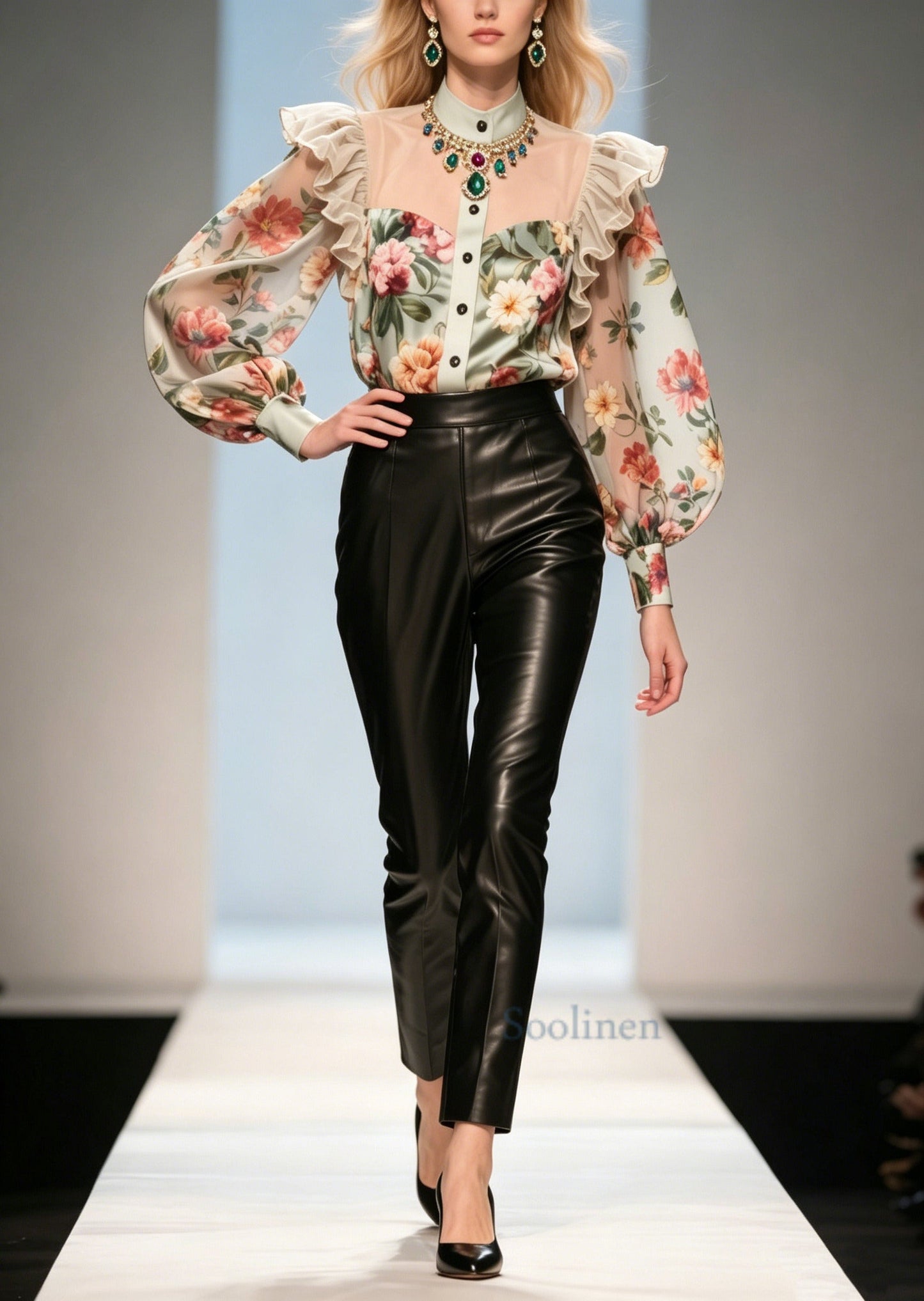 Italian Khaki Ruffled Print Chiffon Top Summer