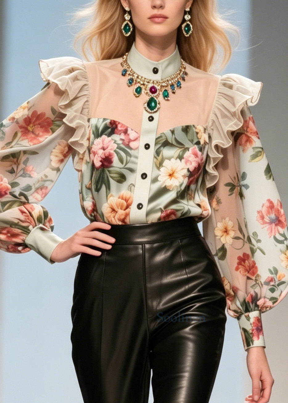 Italian Khaki Ruffled Print Chiffon Top Summer