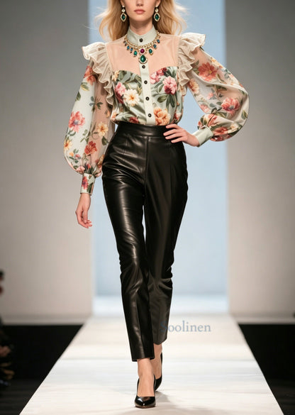 Italian Khaki Ruffled Print Chiffon Top Summer