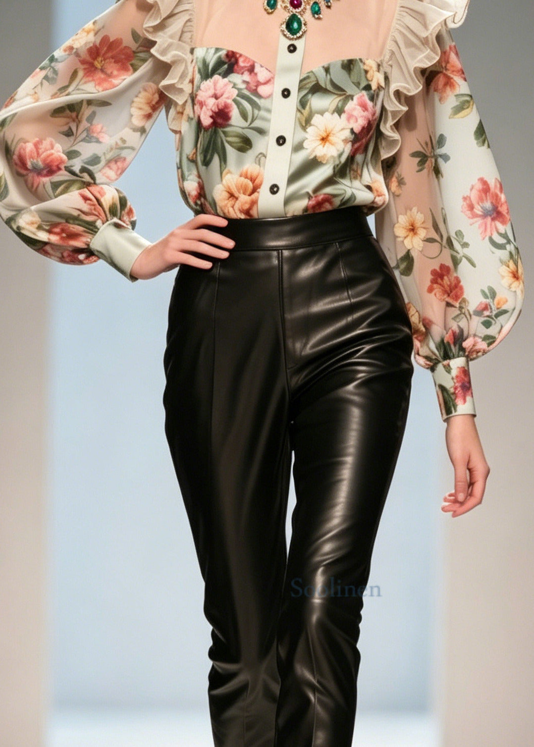 Italian Khaki Ruffled Print Chiffon Top Summer