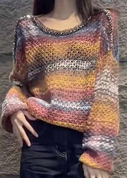 Italienische Khaki-Pailletten-Strickpullover mit Batikmuster für den Frühling