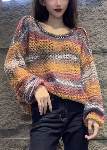 Italienische Khaki-Pailletten-Strickpullover mit Batikmuster für den Frühling