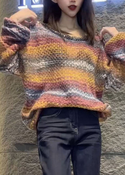 Italienische Khaki-Pailletten-Strickpullover mit Batikmuster für den Frühling