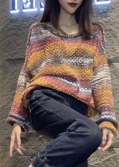 Italienische Khaki-Pailletten-Strickpullover mit Batikmuster für den Frühling