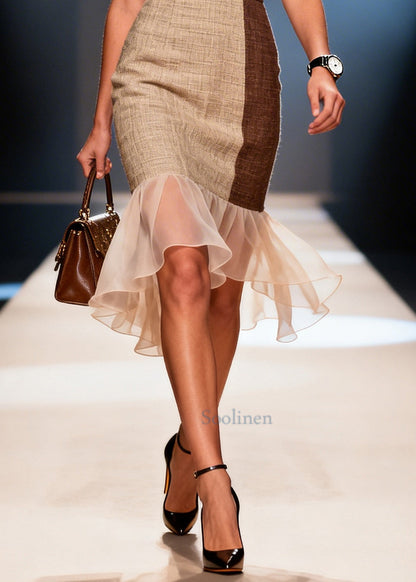 Italian Khaki V Neck Patchwork Tulle Linen Dresses Summer
