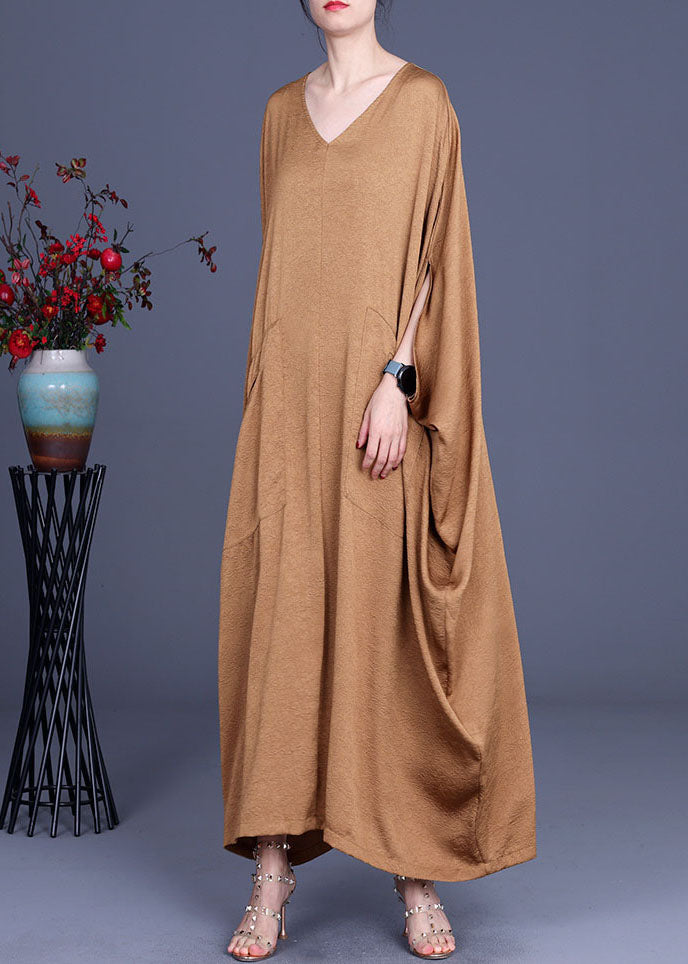 Italienische Khaki V-Ausschnitt Seidenrobe Kleider Frühling