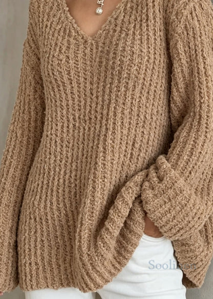 Italian Khaki V Neck Thick Loose Knit Sweaters Fall