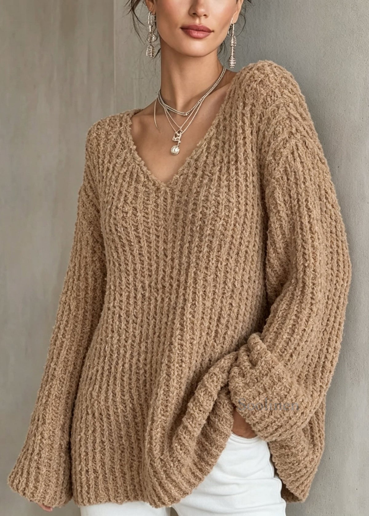 Italian Khaki V Neck Thick Loose Knit Sweaters Fall
