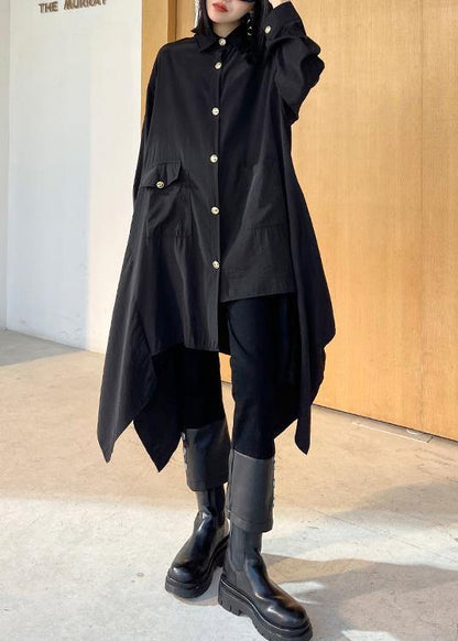 Italian Lapel Asymmetric Spring Blouse Neckline Black Top - SooLinen