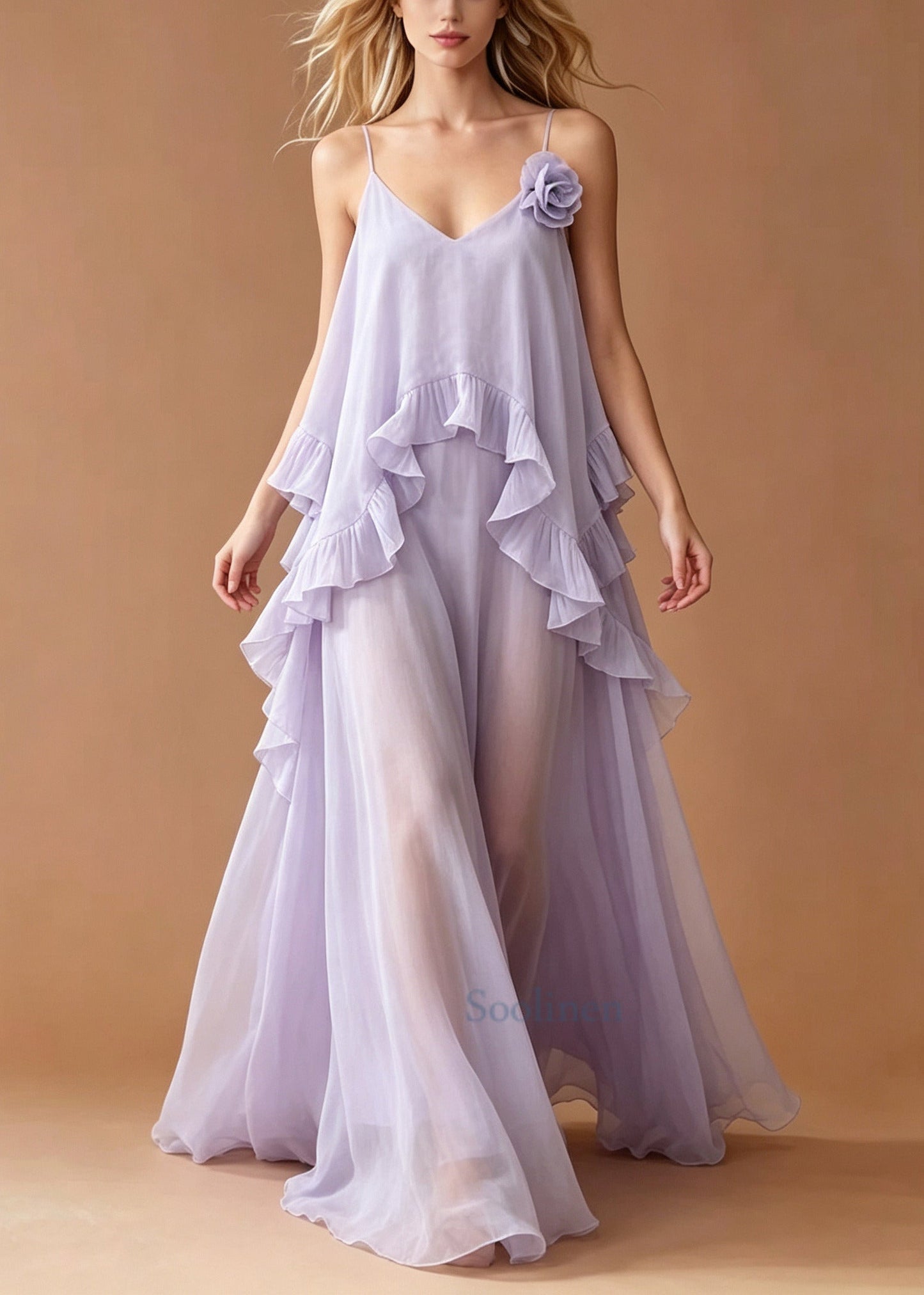 Italian Lavender Ruffled Flower Chiffon Cami Dresses Summer