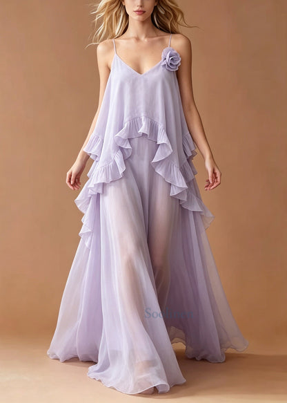 Italian Lavender Ruffled Flower Chiffon Cami Dresses Summer