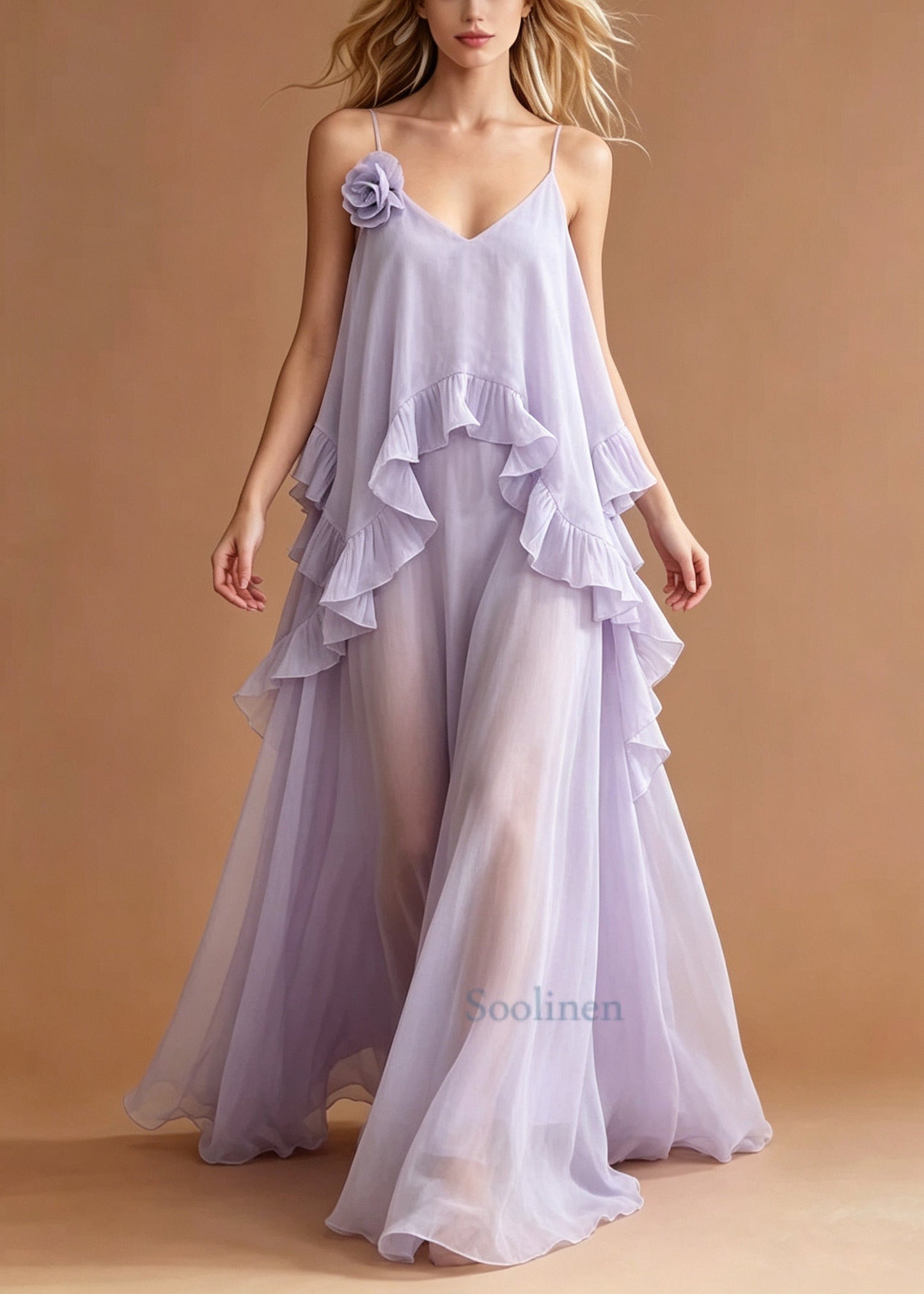 Italian Lavender Ruffled Flower Chiffon Cami Dresses Summer