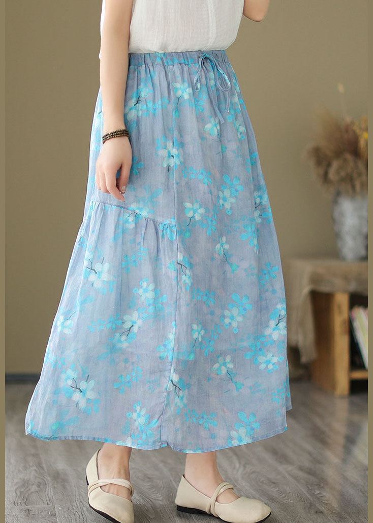 Falda italiana de lino con cintura elástica y estampado arrugado en azul claro para verano