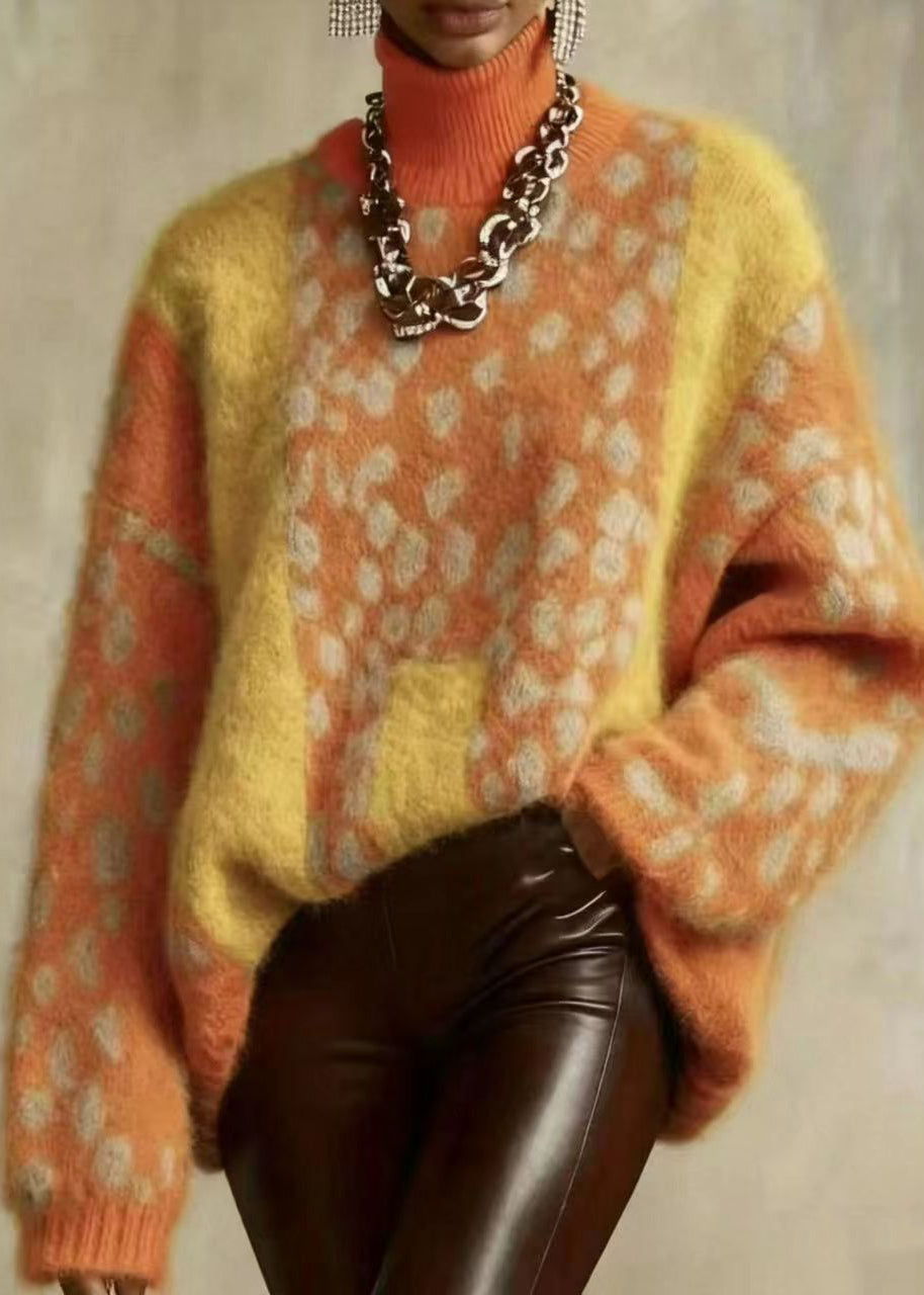 Italian Light Coffee Leopard Turtleneck Thick Knit Sweater Winter