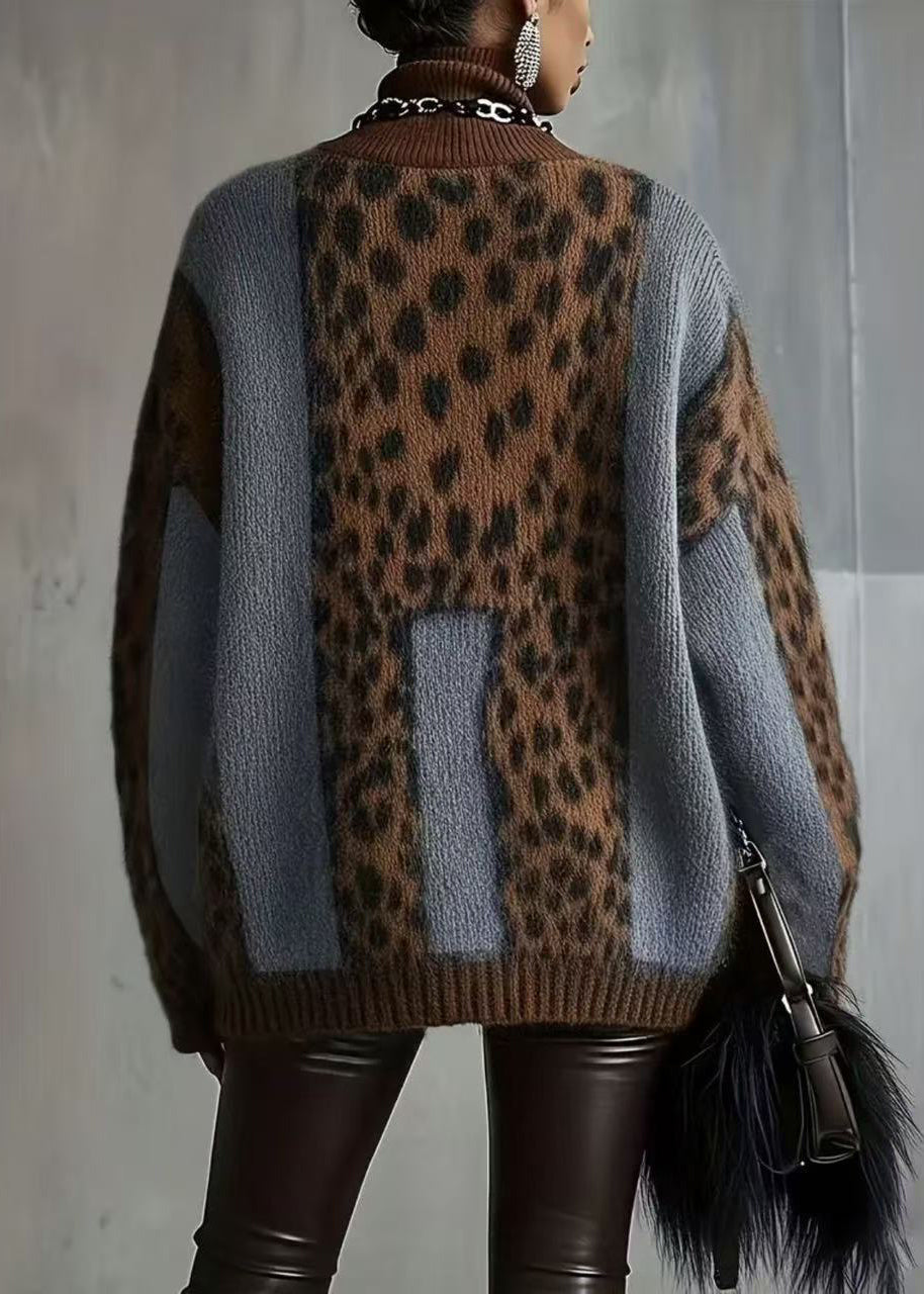 Italian Light Coffee Leopard Turtleneck Thick Knit Sweater Winter