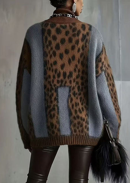 Italian Light Coffee Leopard Turtleneck Thick Knit Sweater Winter