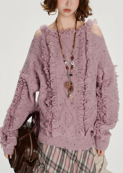 Suéter italiano morado claro con hombros descubiertos, acogedor y esponjoso, para invierno