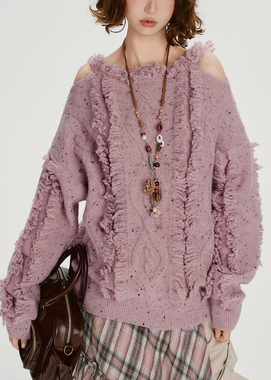 Suéter italiano morado claro con hombros descubiertos, acogedor y esponjoso, para invierno