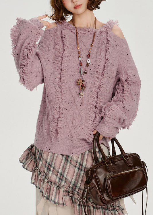 Suéter italiano morado claro con hombros descubiertos, acogedor y esponjoso, para invierno