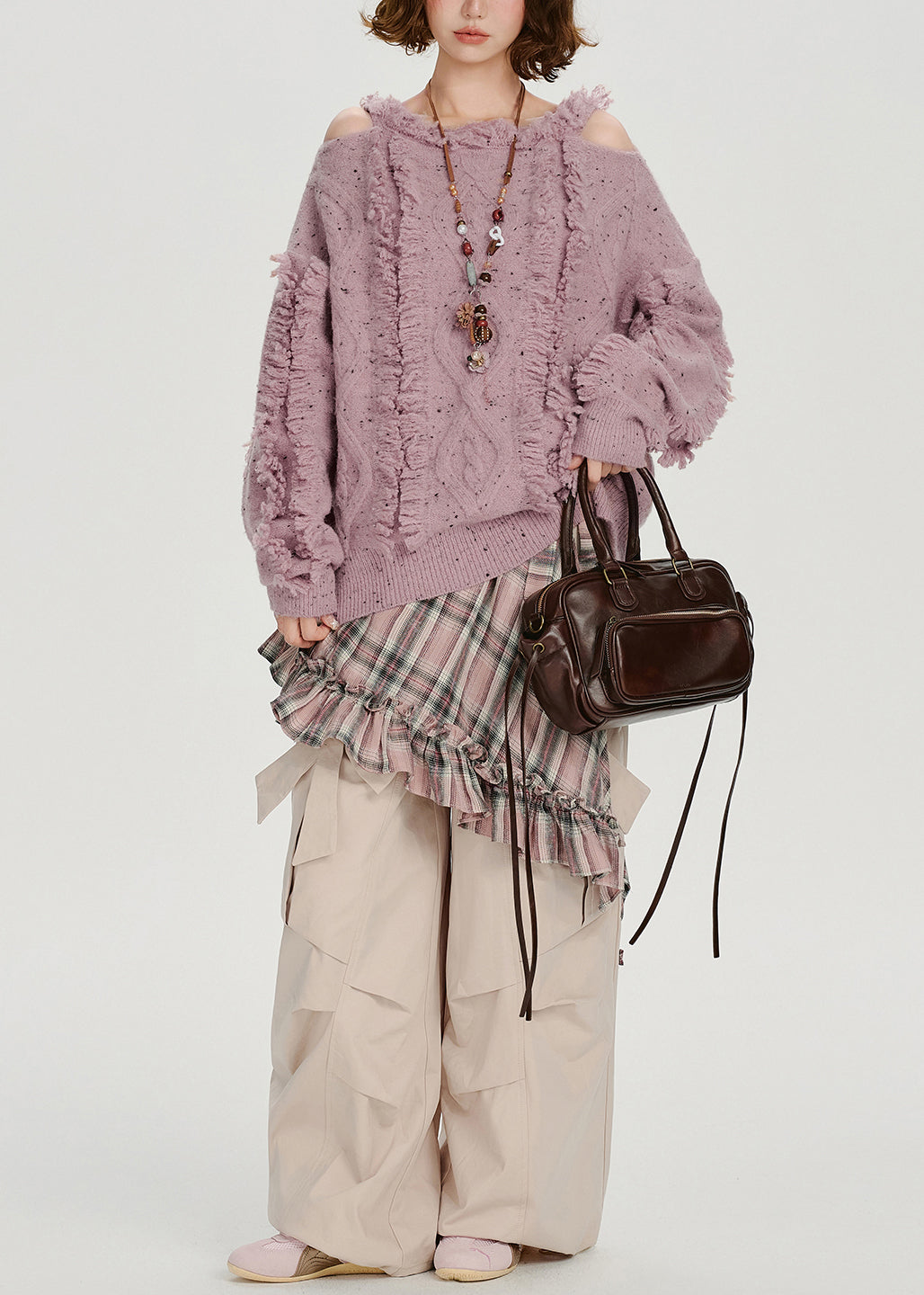 Suéter italiano morado claro con hombros descubiertos, acogedor y esponjoso, para invierno