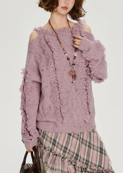 Suéter italiano morado claro con hombros descubiertos, acogedor y esponjoso, para invierno